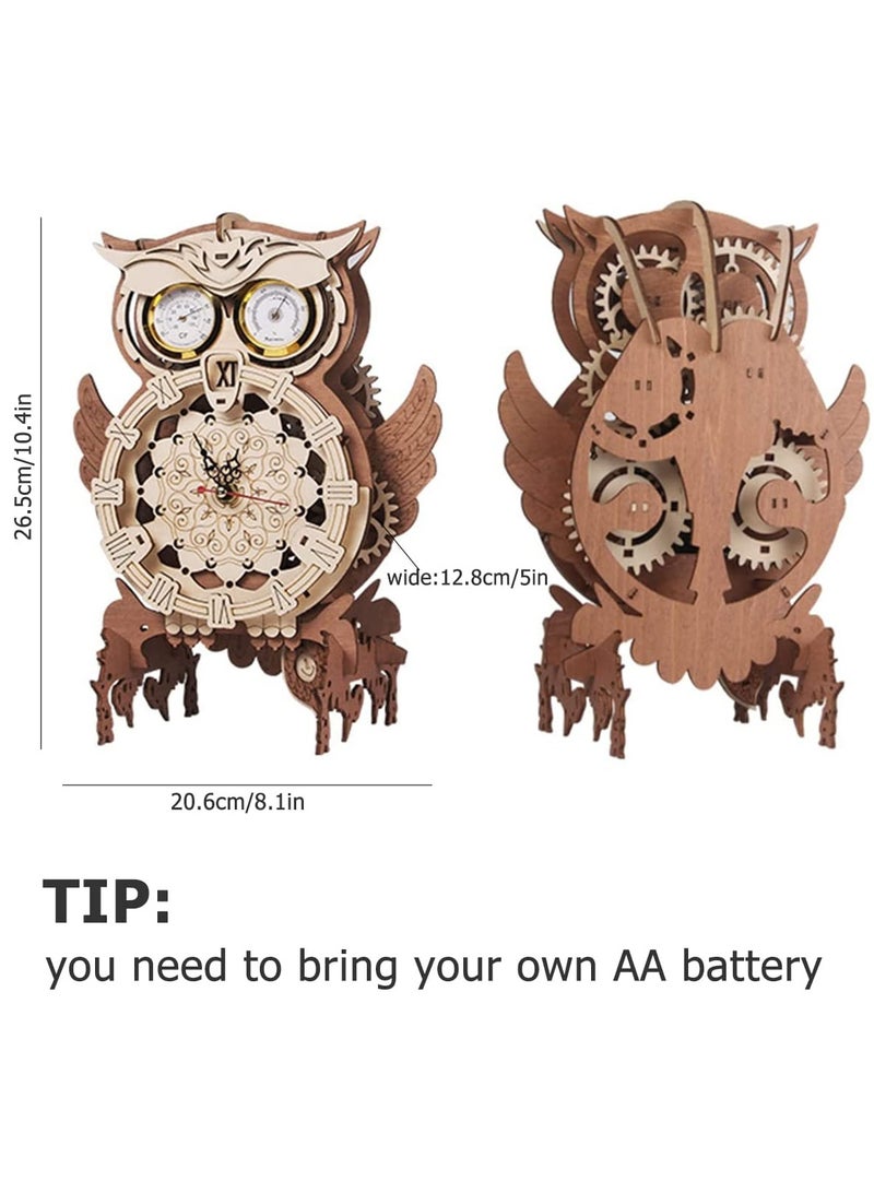 ساعة بومة خشبية ثلاثية الأبعاد لتزيين الحائط ، نموذج ساعة البومة المُجمَّعة يدويًا مع وظيفة عرض درجة الحرارة والرطوبة ساعة البومة لغز ميكانيكي لتزيين المنزل والمكتب - Image 4